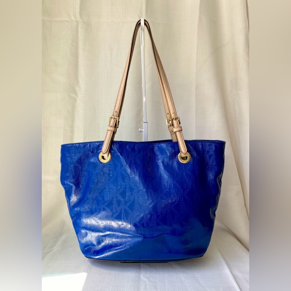 Michael Kors Jet Set Large Tote Bag Signature Patent Leather Electric Blue Purse